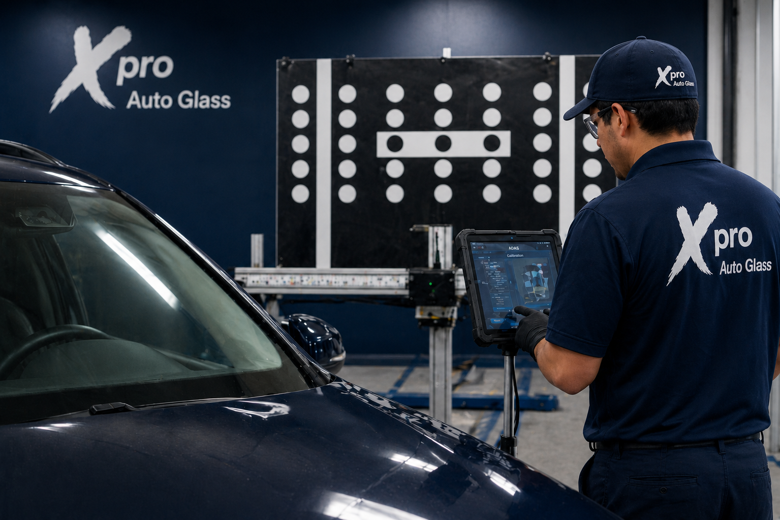 Xpro Auto Glass technician performing ADAS calibration with diagnostic tablet