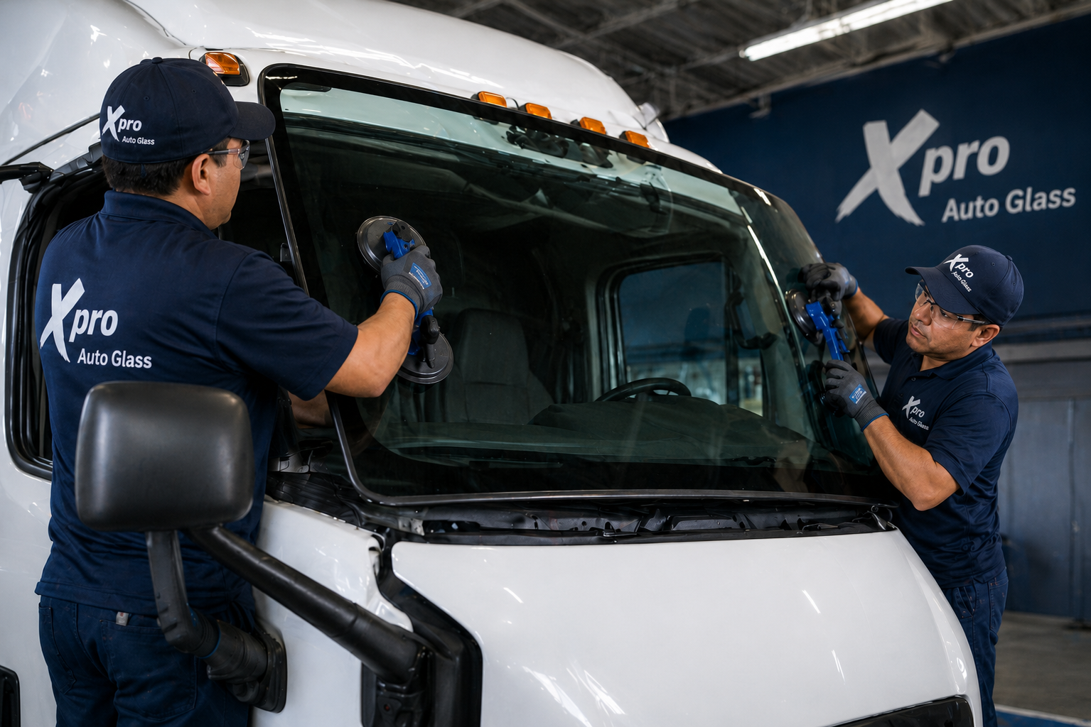 Two Xpro Auto Glass technicians replacing a commercial truck windshield