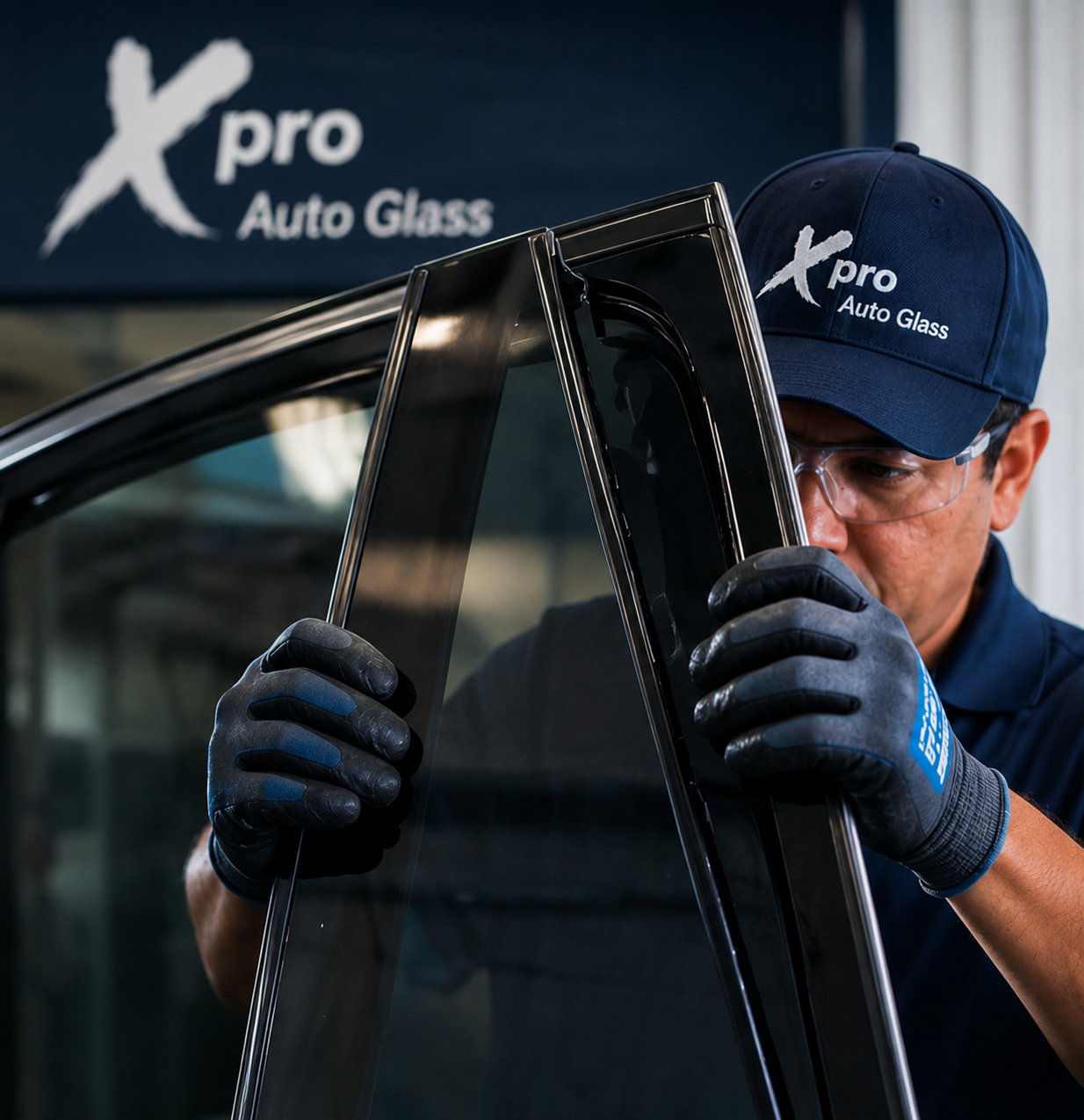 Two Xpro Auto Glass technicians installing a windshield